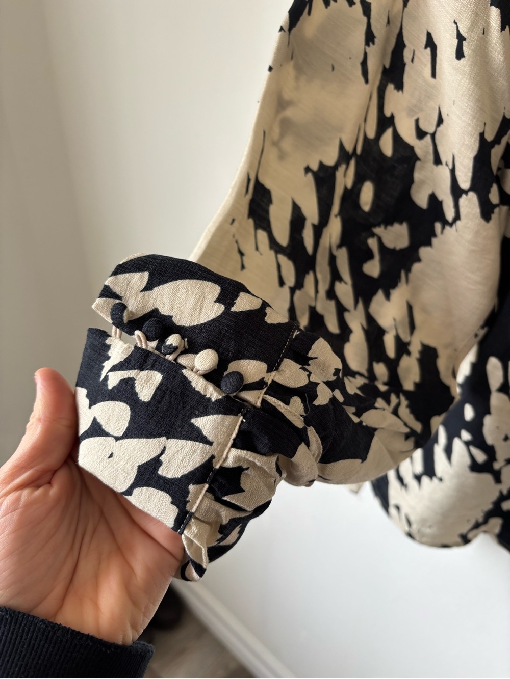 Kaffe Scandinavian Designer Black and Cream Abstract Print Long-Sleeve Blouse - Picture 2 of 8